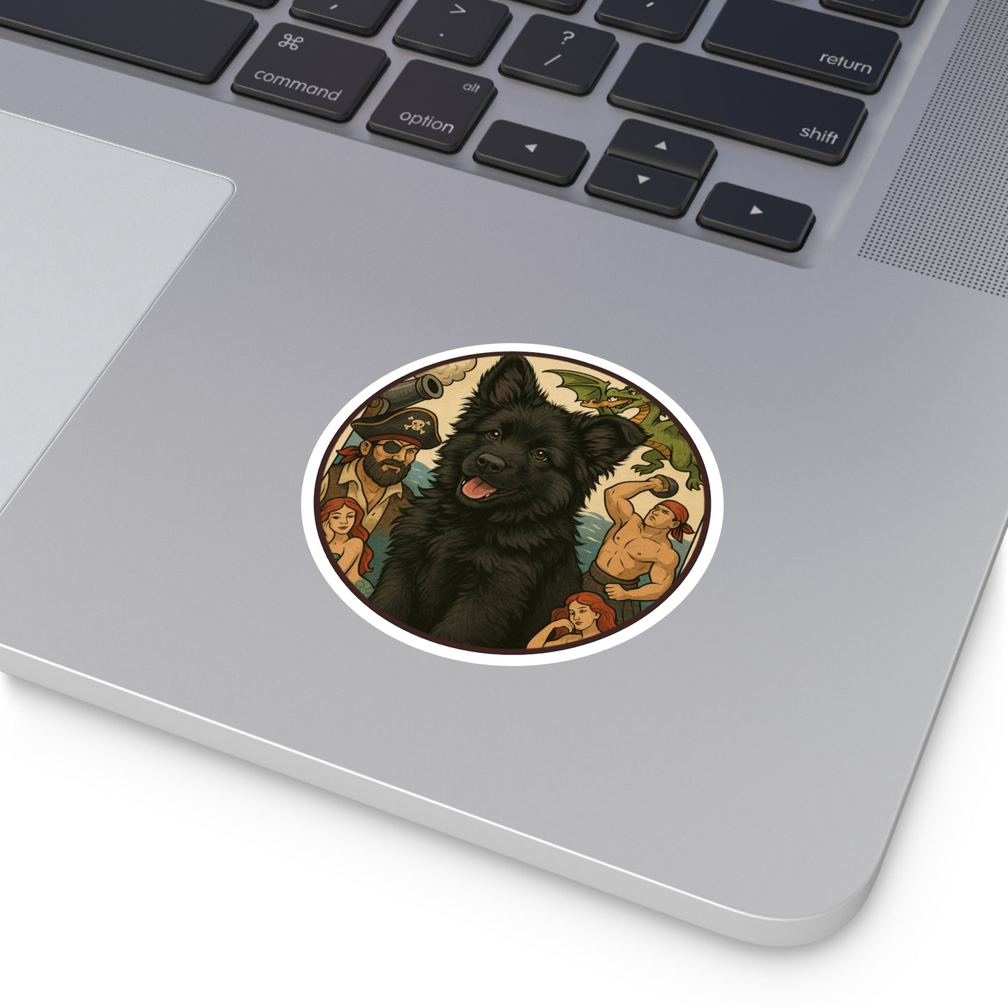 Pirate Fantasy Dog Sticker — Black Belgian Sheepdog Round Decal (Indoor/Outdoor)
