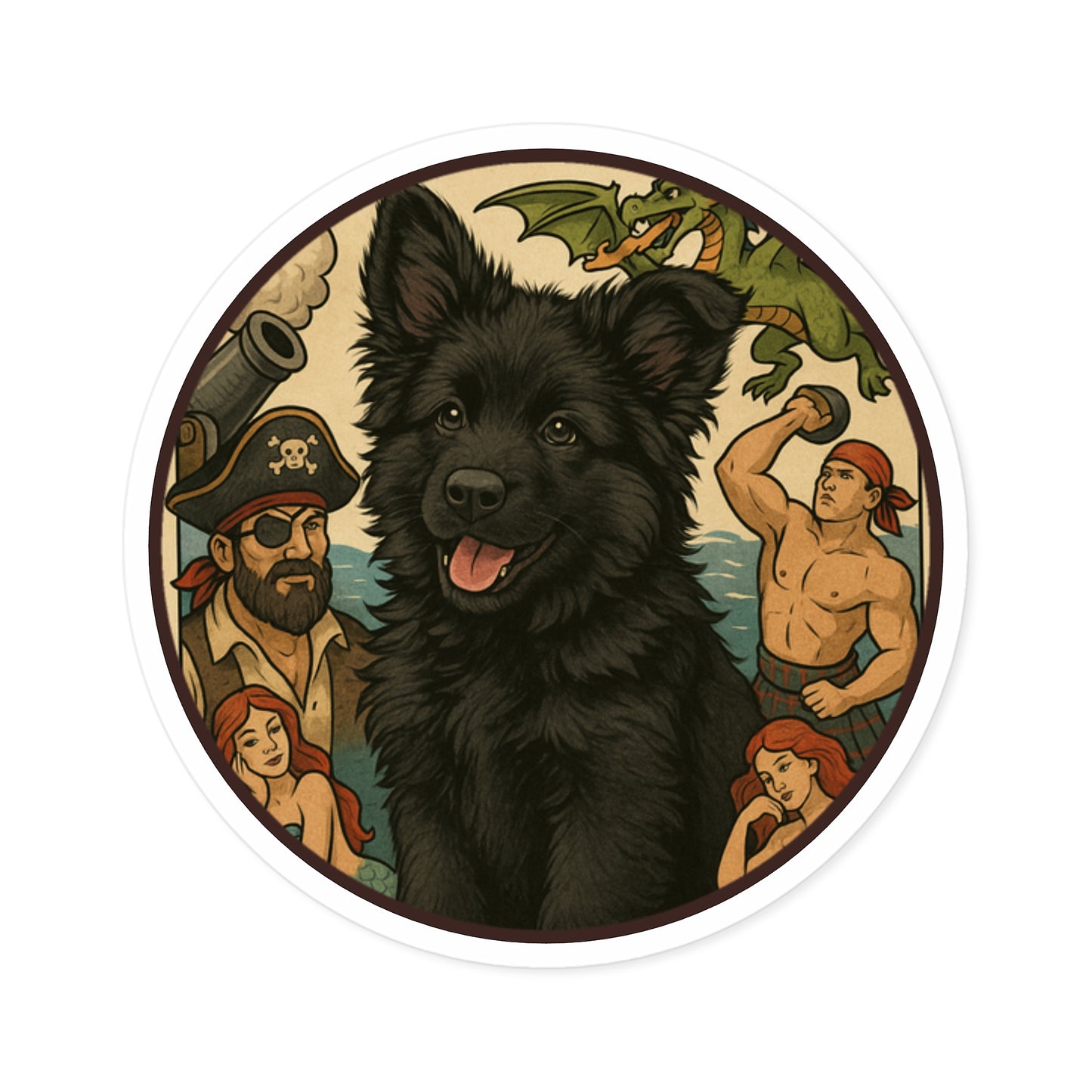 Pirate Fantasy Dog Sticker — Black Belgian Sheepdog Round Decal (Indoor/Outdoor)