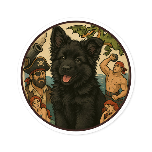 Pirate Fantasy Dog Sticker — Black Belgian Sheepdog Round Decal (Indoor/Outdoor)