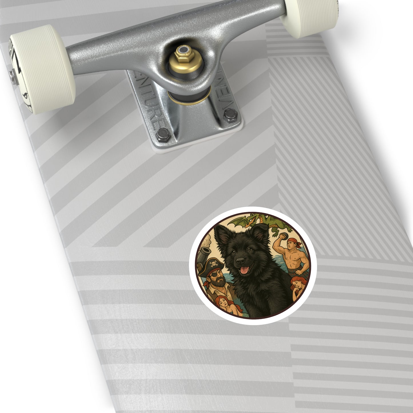 Pirate Fantasy Dog Sticker — Black Belgian Sheepdog Round Decal (Indoor/Outdoor)