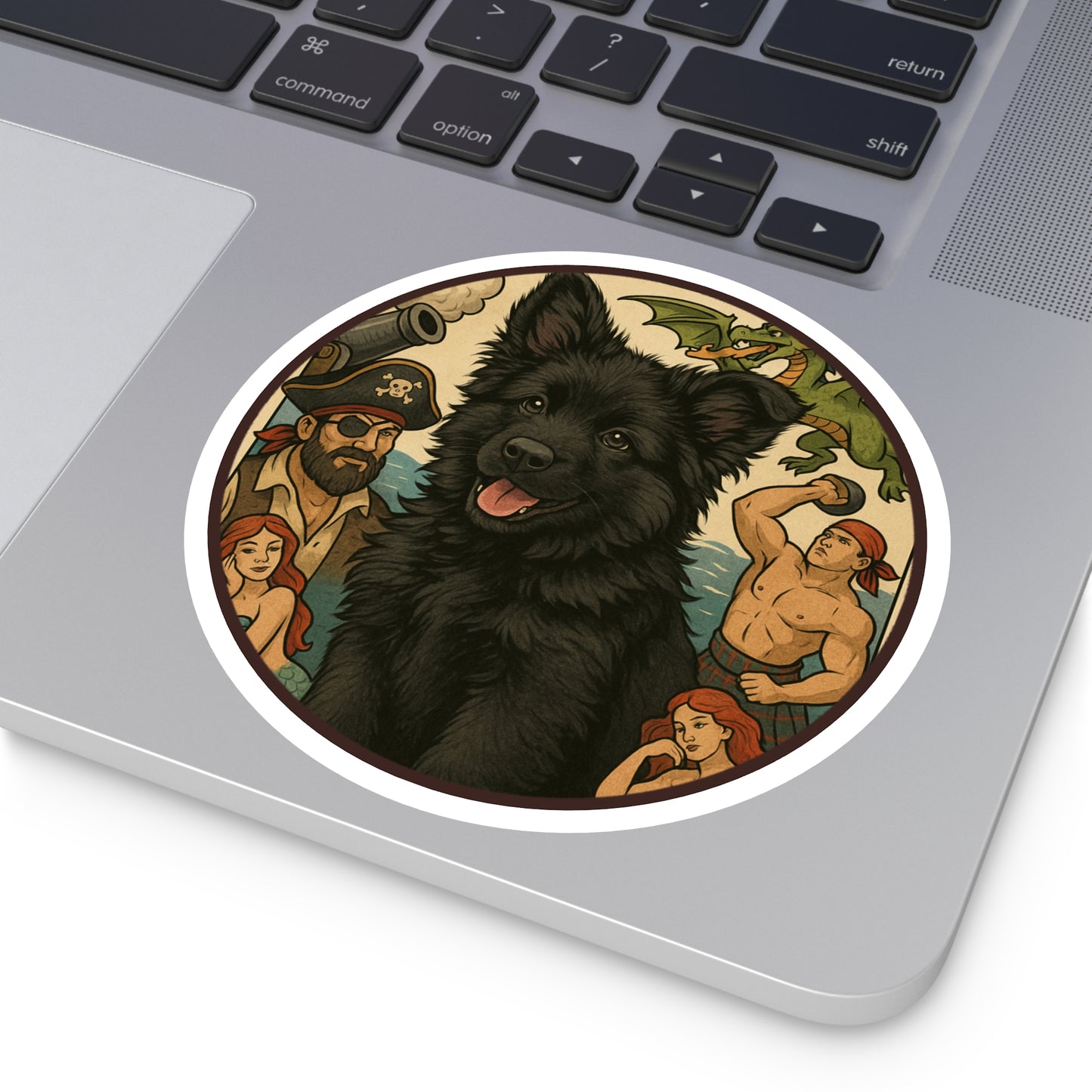 Pirate Fantasy Dog Sticker — Black Belgian Sheepdog Round Decal (Indoor/Outdoor)
