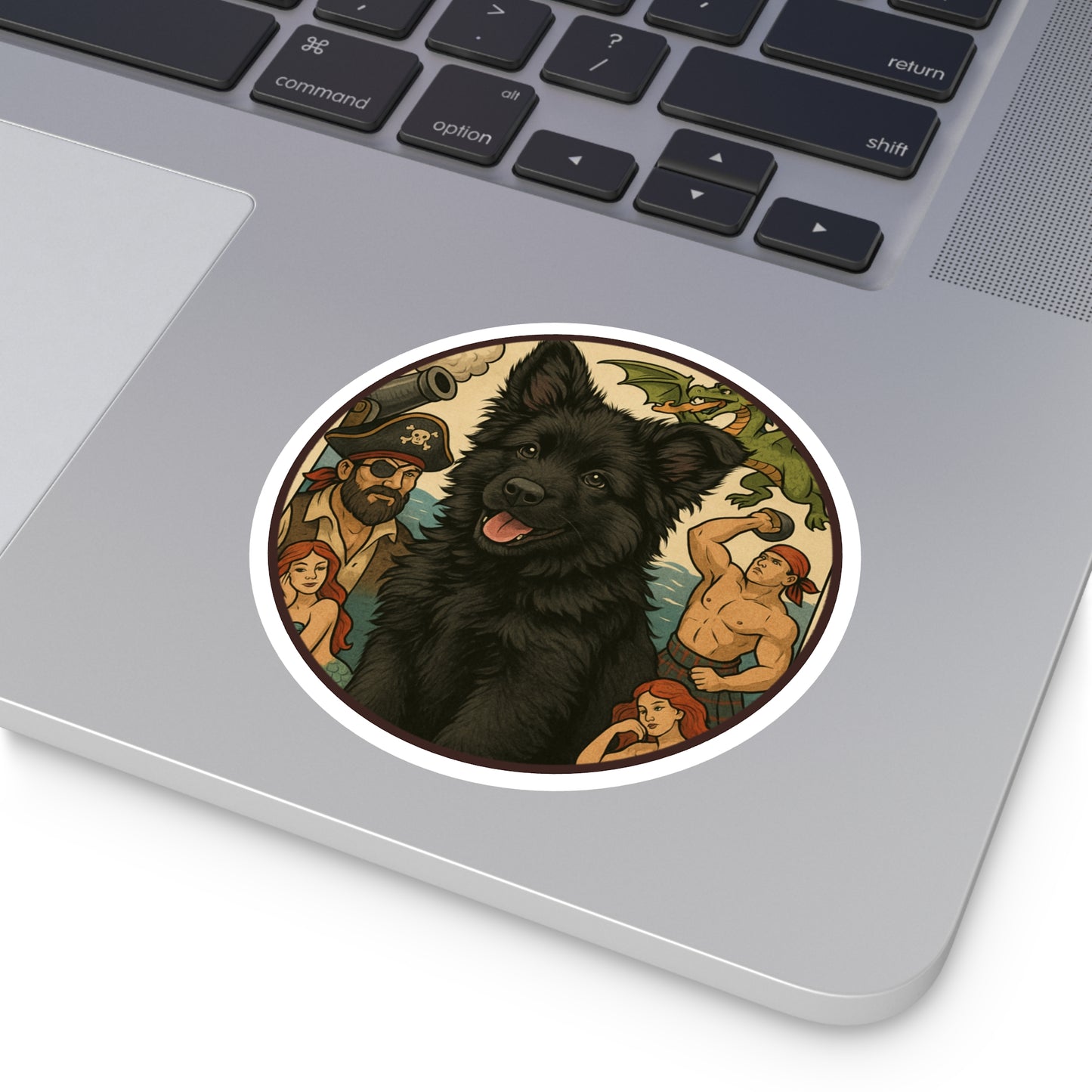 Pirate Fantasy Dog Sticker — Black Belgian Sheepdog Round Decal (Indoor/Outdoor)