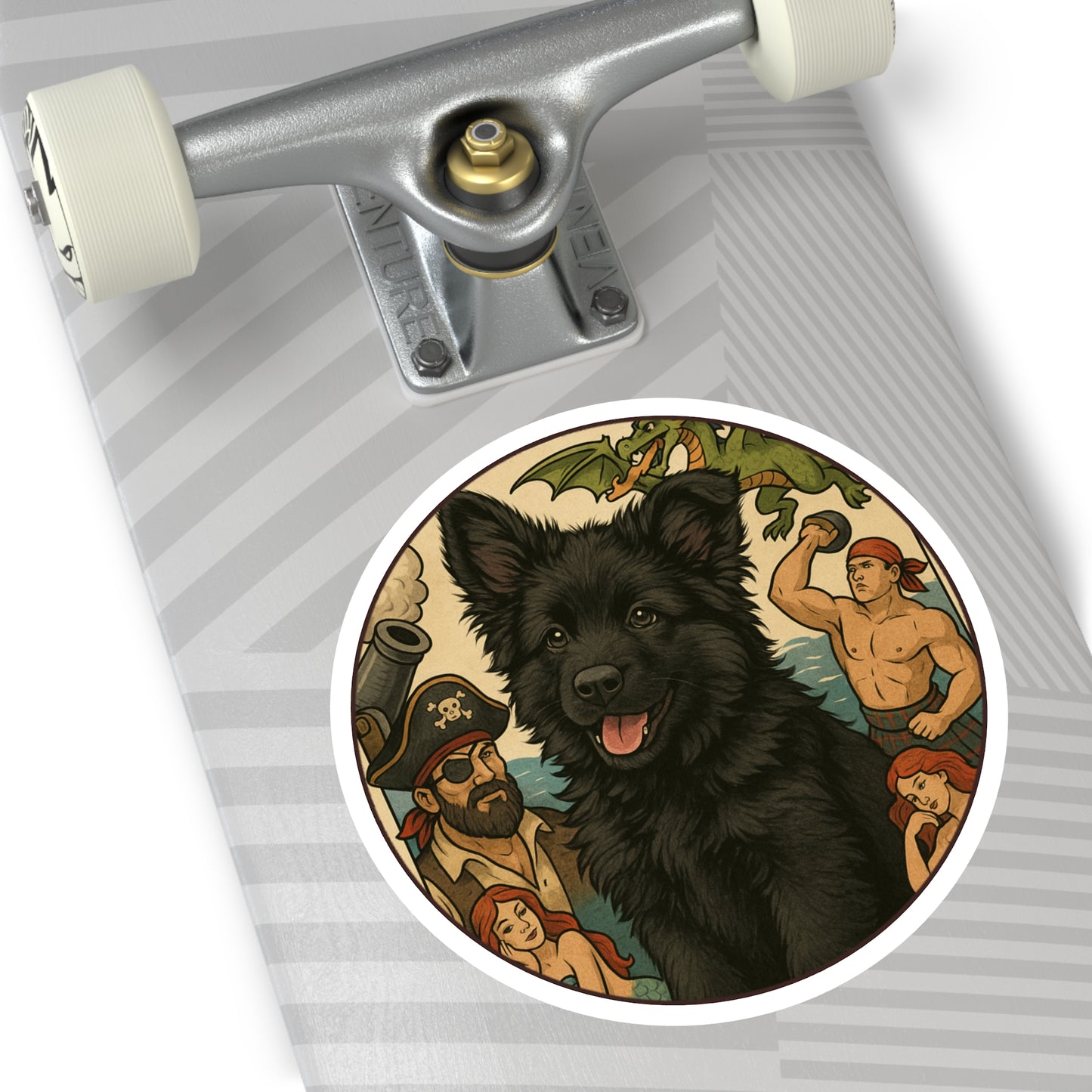 Pirate Fantasy Dog Sticker — Black Belgian Sheepdog Round Decal (Indoor/Outdoor)