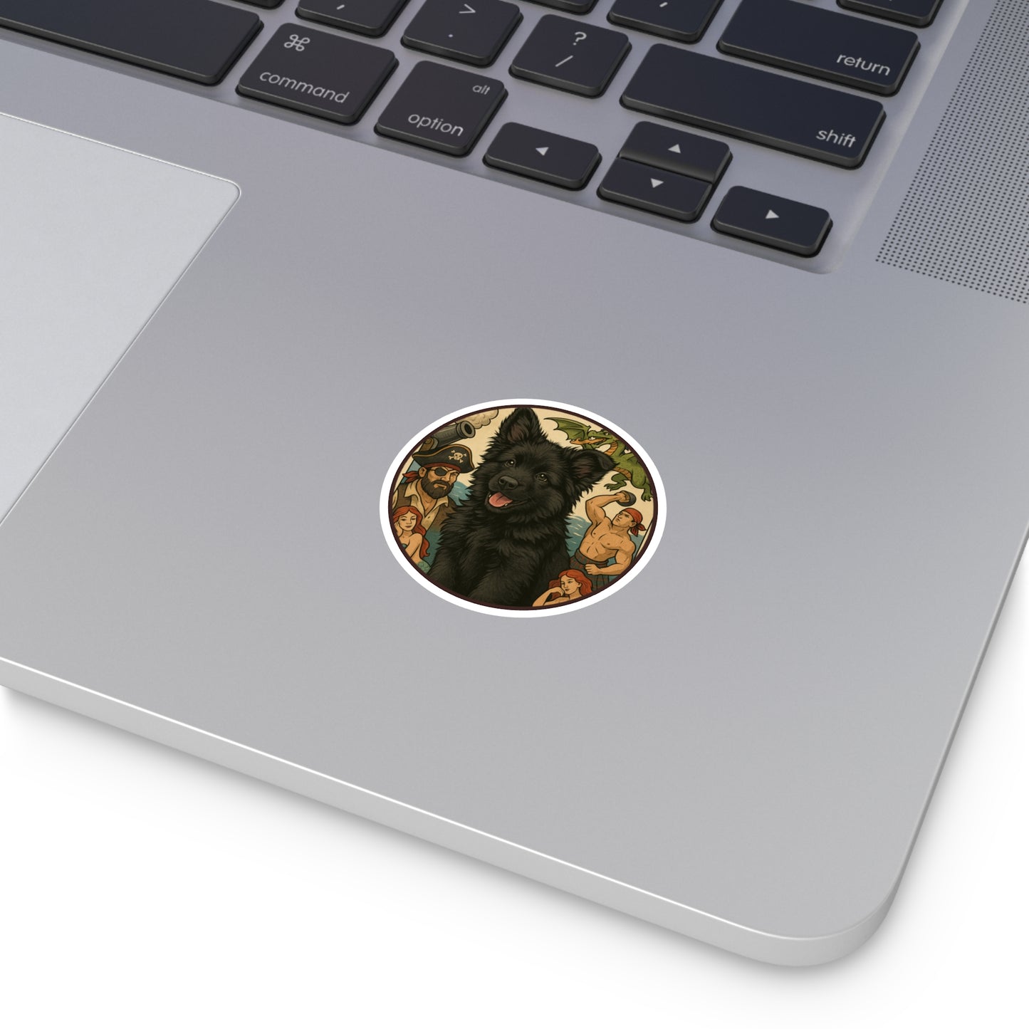 Pirate Fantasy Dog Sticker — Black Belgian Sheepdog Round Decal (Indoor/Outdoor)