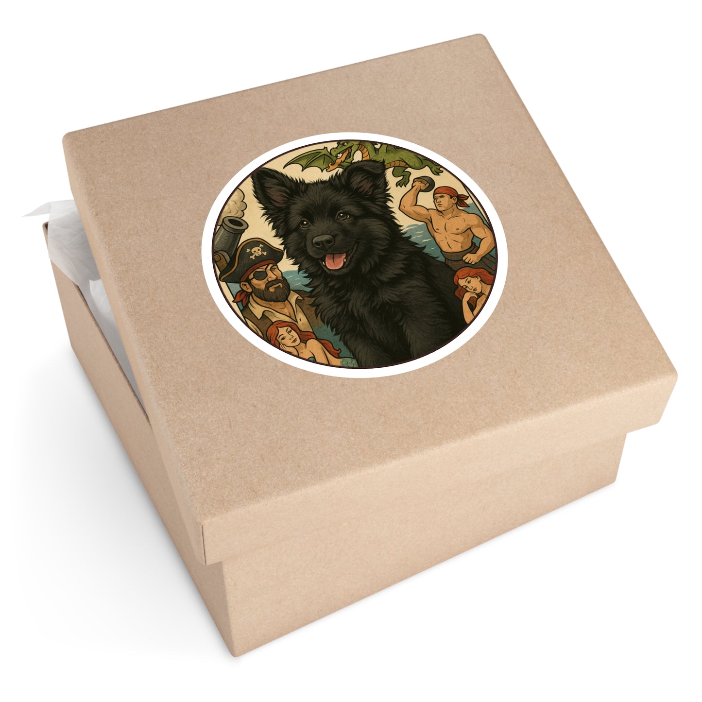Pirate Fantasy Dog Sticker — Black Belgian Sheepdog Round Decal (Indoor/Outdoor)