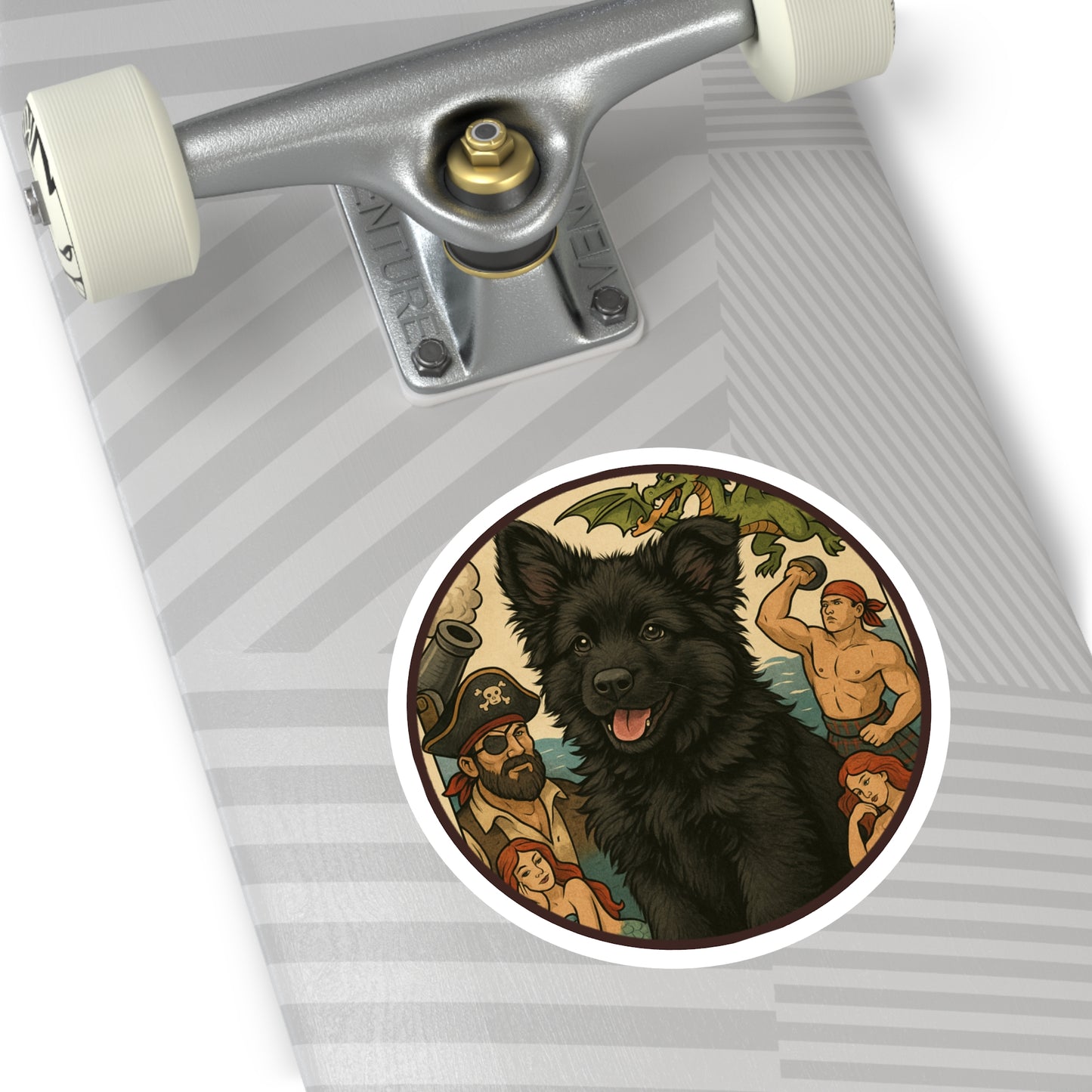 Pirate Fantasy Dog Sticker — Black Belgian Sheepdog Round Decal (Indoor/Outdoor)