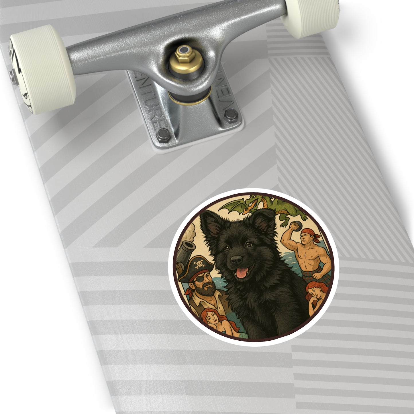 Pirate Fantasy Dog Sticker — Black Belgian Sheepdog Round Decal (Indoor/Outdoor)