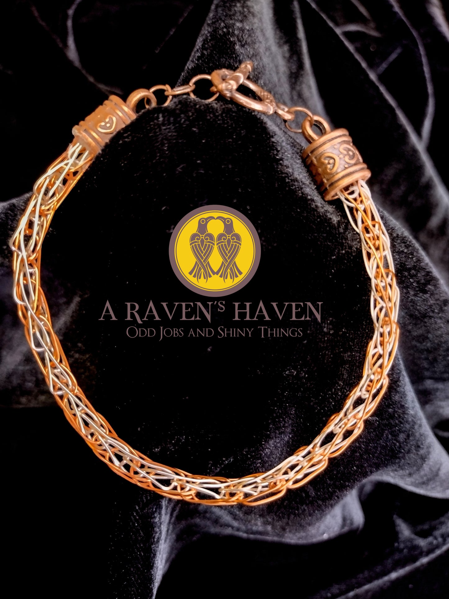Handwoven loose weave copper bracelet with silver toned copper accent