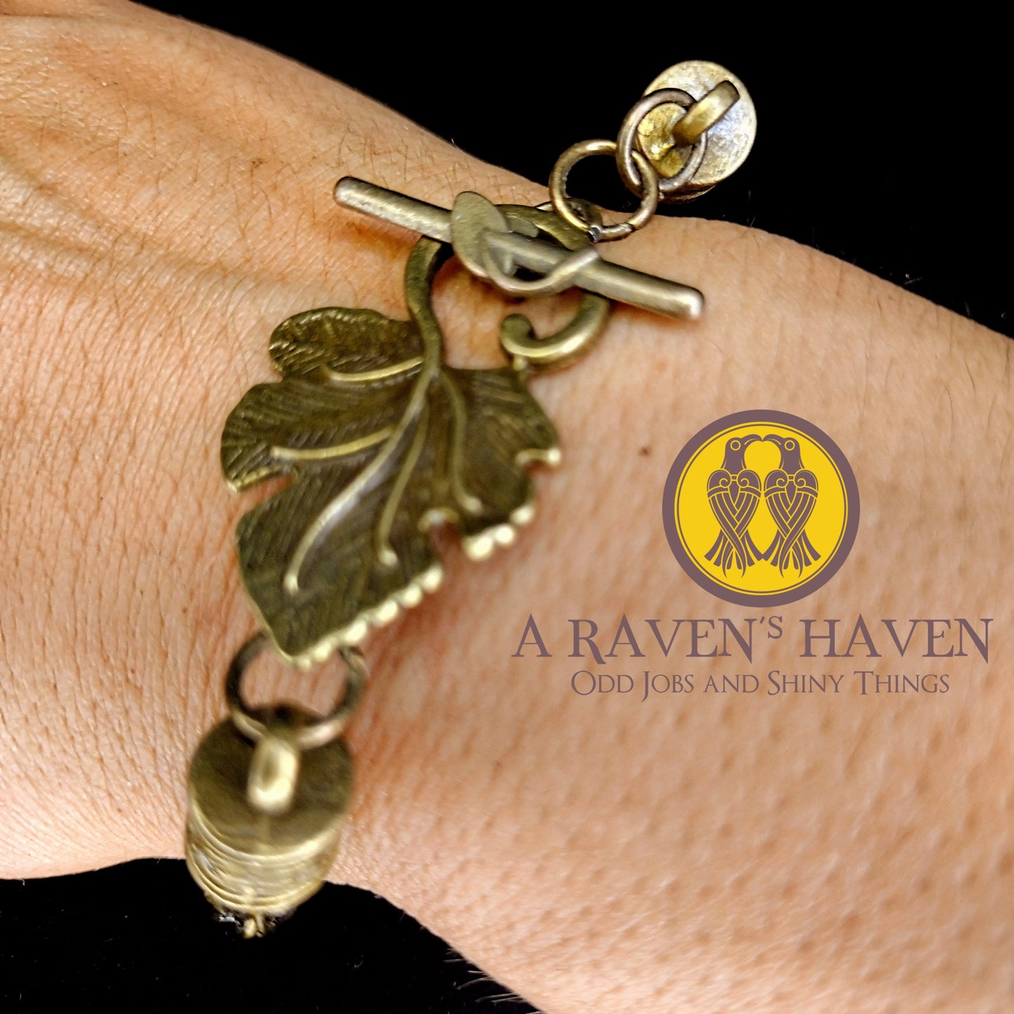 Bronze Handwoven medium weave bracelet with leaf accents and toggle
