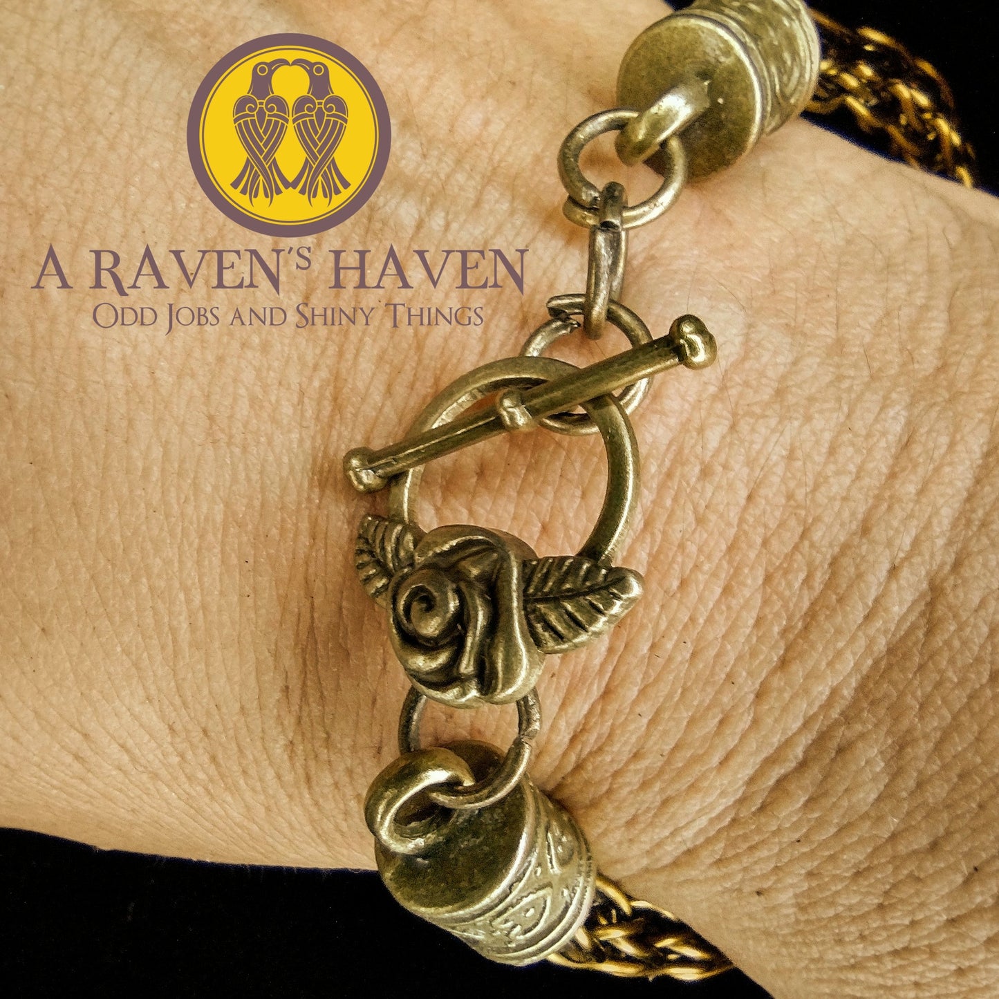 Bronze Handwoven medium weave bracelet with bronze rose accents and toggle clasp