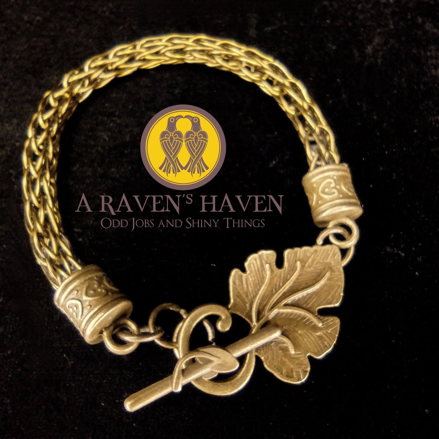 Bronze Handwoven medium weave bracelet with leaf accents and toggle